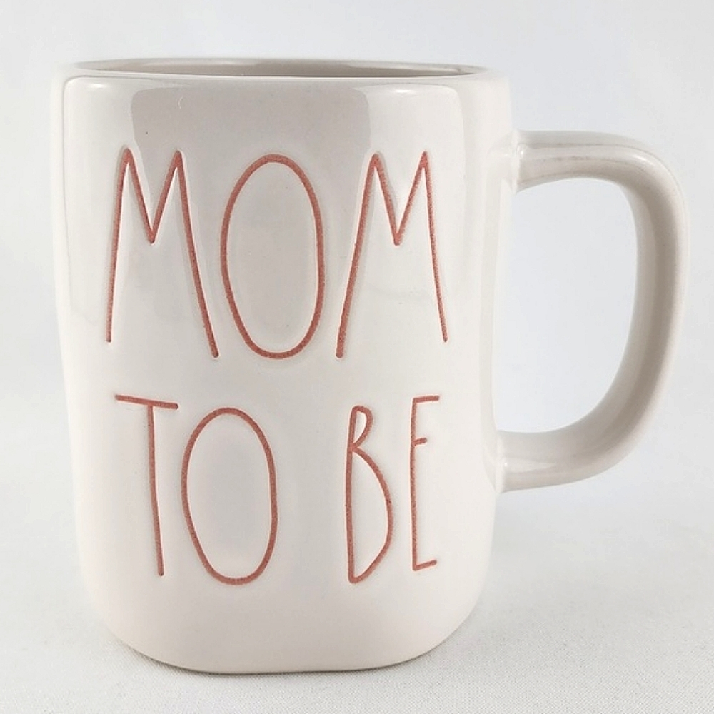 RAE DUNN Artisan Collection Glossy White Mug Pink Large Letters MOM TO BE